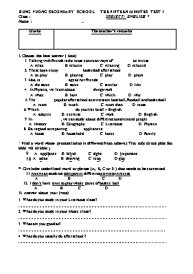 Bộ đề kiểm tra 15 phút môn Tiếng Anh Lớp 7, 8 (Có đáp án)